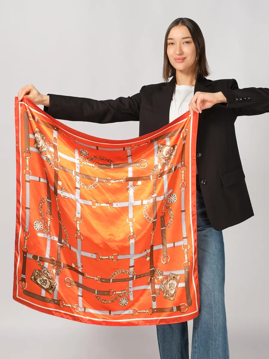 Foulard Carré 53 "Orange Équestre" 100% soie