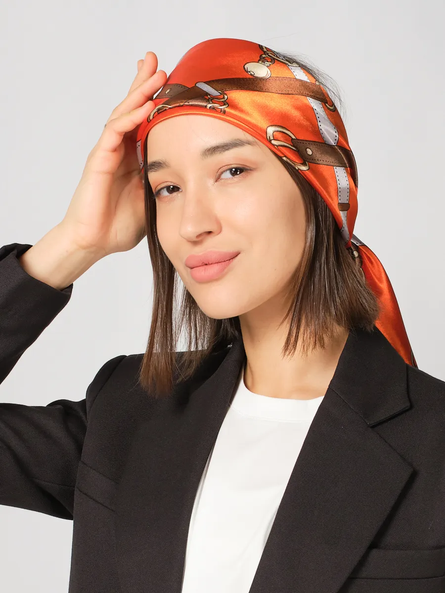 Foulard Carré 53 "Orange Équestre" 100% soie