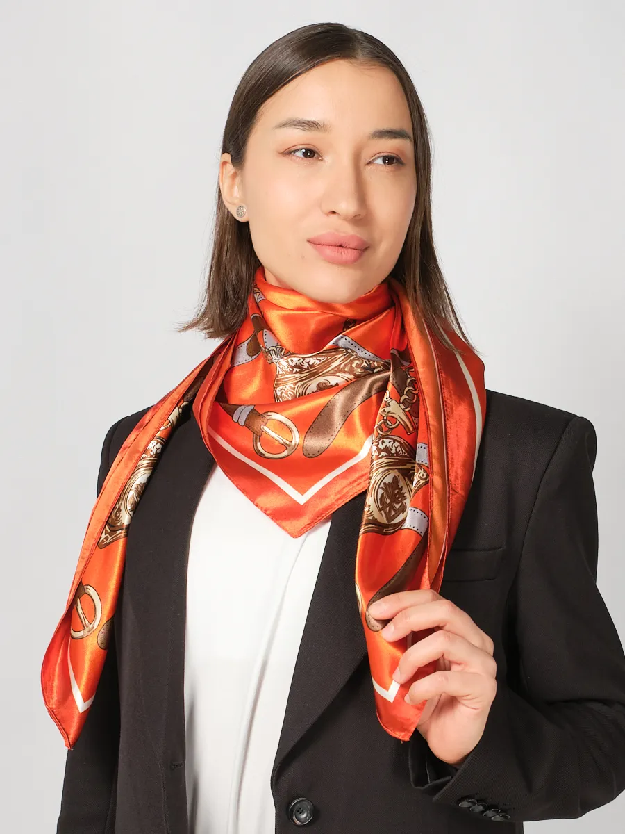 Foulard Carré 53 "Orange Équestre" 100% soie