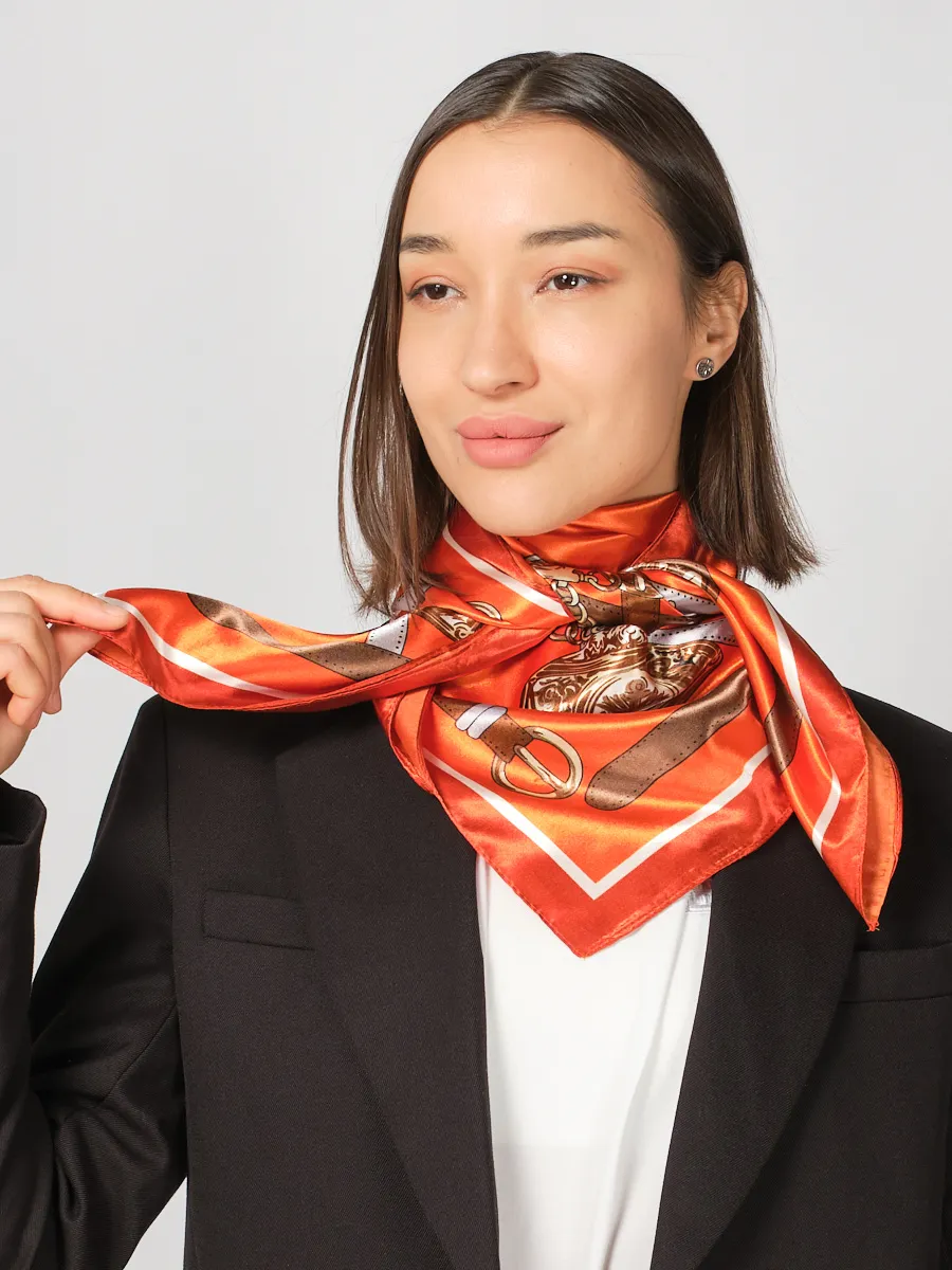 Foulard Carré 53 "Orange Équestre" 100% soie